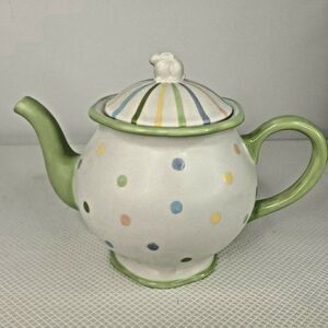 Demdaco Green White Polka Dot Teapot Bunny